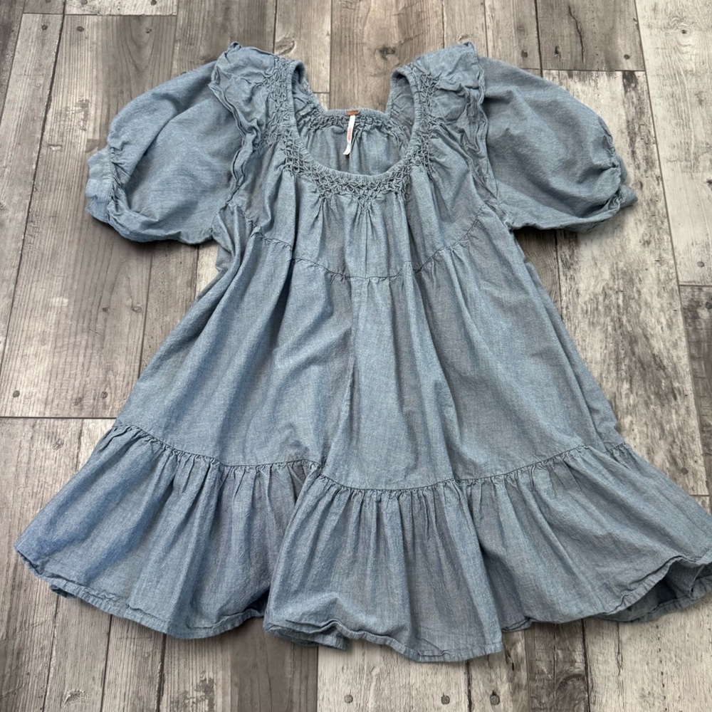 Free People Amelie Denim Chambray Mini Baby Doll Ruffle Dress Boho XS - Picture 5 of 11
